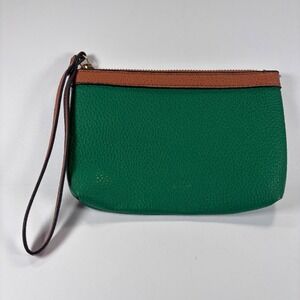 Textured Faux Leather Green Brown Zip Wristlet Clutch Animal Print Lining 7x4.5"
